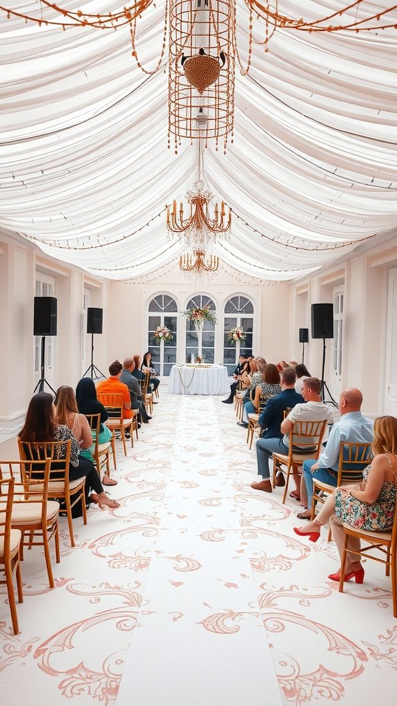 35 Creative Bridal Shower Decoration Ideas You'll Love Elegant seating arrangement for a bridal shower with decorated chairs and a stylish ceiling.