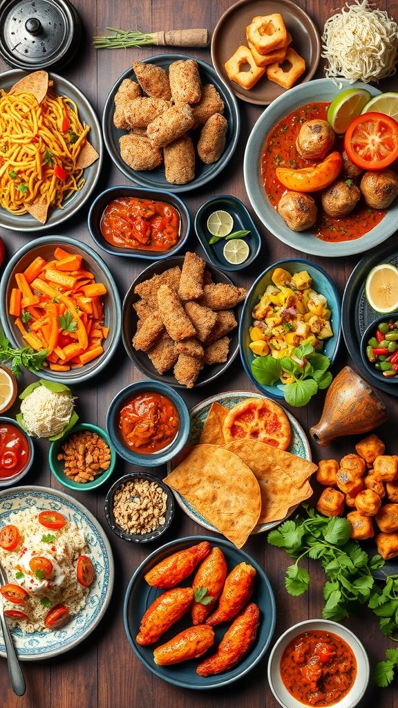 35 Creative Bridal Shower Ideas for an Unforgettable Celebration A colorful spread of various cultural dishes, including snacks, curries, and desserts.