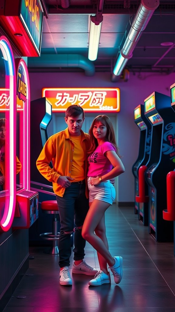 35 Best Couples Costumes for Your Next Halloween Party A couple in 80s inspired outfits posing in front of arcade machines with neon lights.