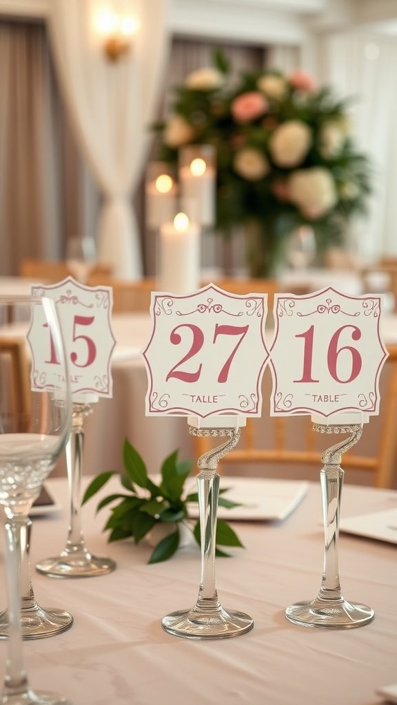 35 Creative Bridal Shower Decoration Ideas You'll Love Elegant customized table numbers displayed on a table for a bridal shower.