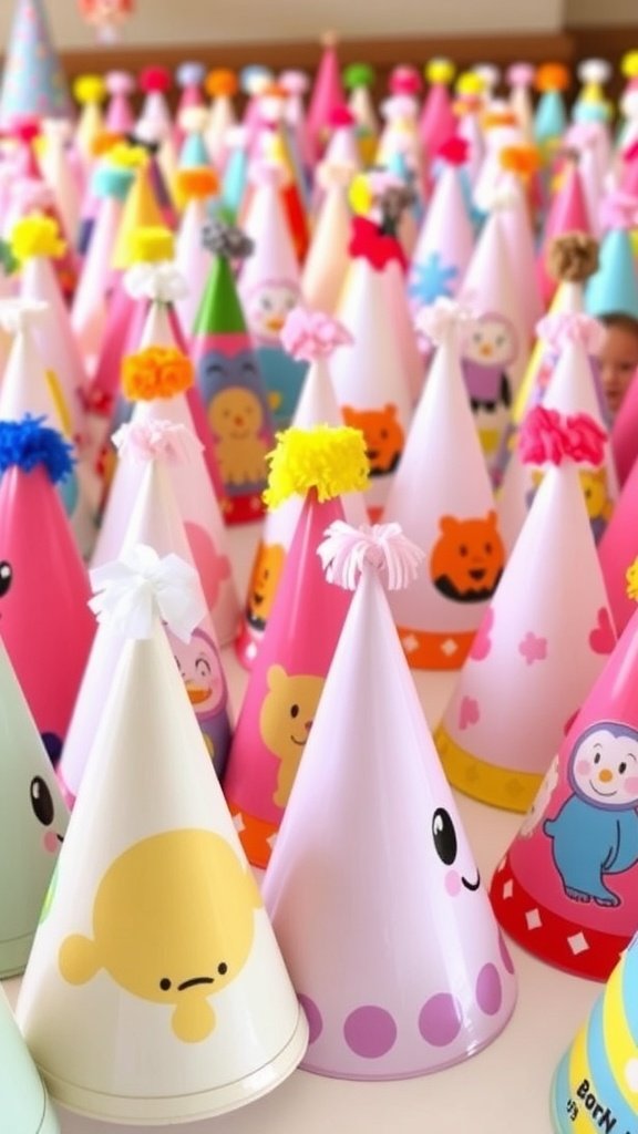 25 Fun Ideas for a 2nd Birthday Summer Party for Girls Colorful party hats for a girl's 2nd birthday summer party, featuring playful designs and confetti.