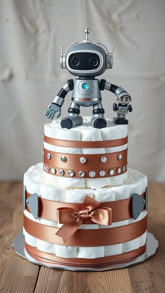 35 Adorable Diaper Cake Ideas for Baby Boys A two-tier diaper cake decorated with a cute robot figure and copper ribbon.