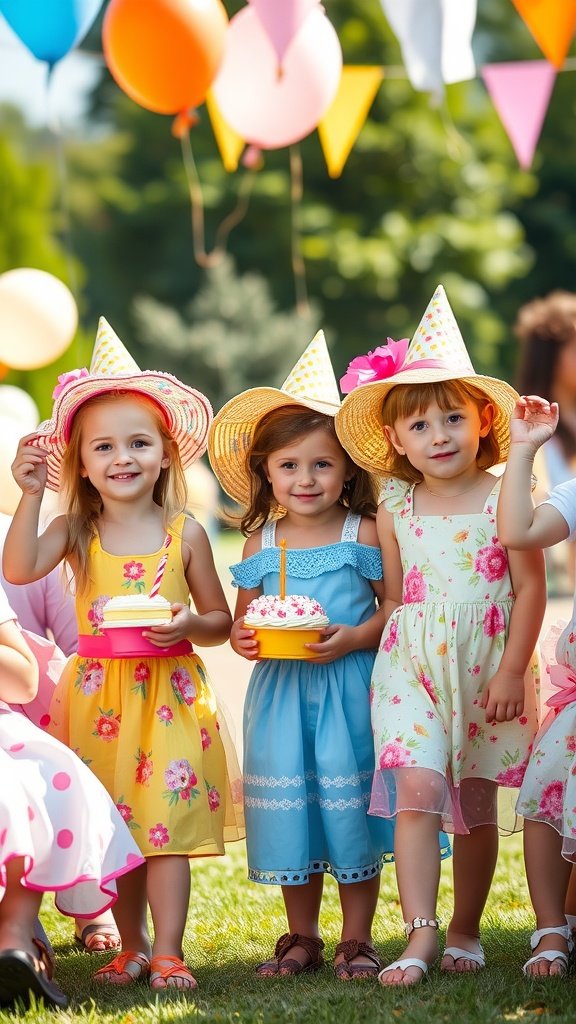 25 Fun Ideas for a 2nd Birthday Summer Party for Girls Three girls in colorful summer dresses at a birthday party, wearing party hats and holding cakes