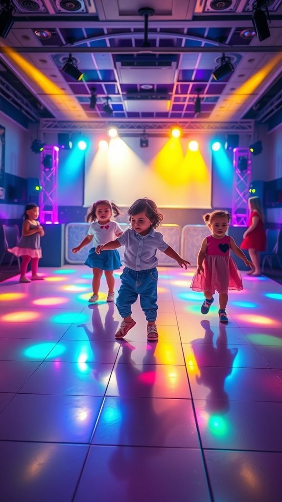 35 Creative Ideas for an Unforgettable 2nd Birthday Party Children dancing on a colorful dance floor with bright lights at a birthday party.