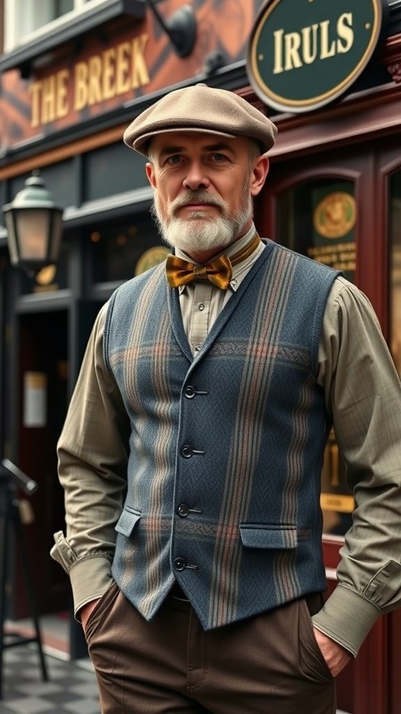 25 Creative St. Patrick's Day Costume Ideas for Everyone A dapper Irish gentleman wearing a stylish vest and flat cap, standing in front of a pub.