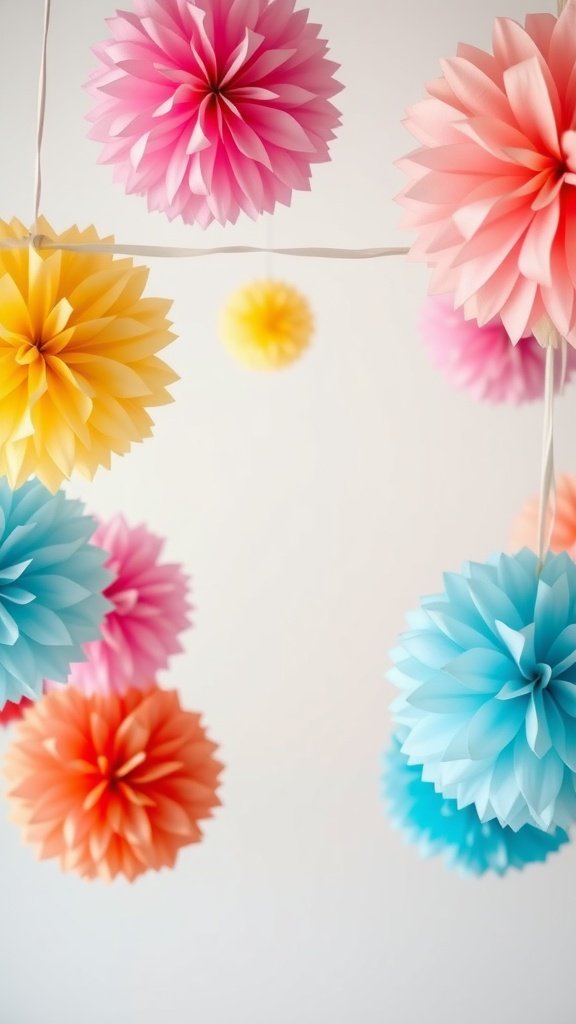 35 Creative Bridal Shower Decoration Ideas You'll Love Colorful tissue paper pom poms hanging from a ceiling in various colors