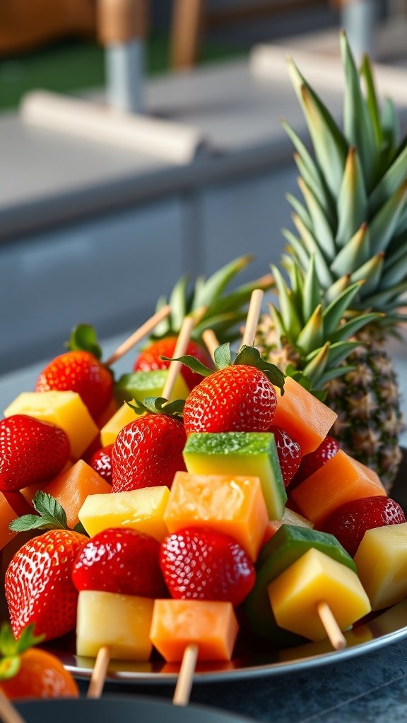 25 Fun Ideas for a 2nd Birthday Summer Party for Girls Colorful fruit skewers with strawberries, melon, and pineapple ready for a summer birthday party