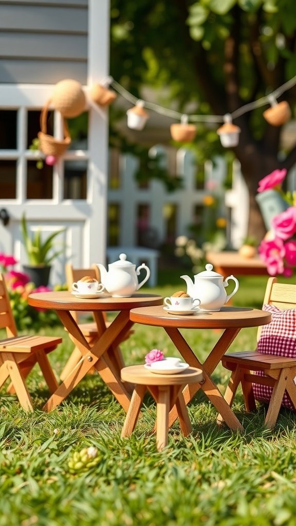 25 Fun Ideas for a 2nd Birthday Summer Party for Girls A garden tea party setup with small tables, tea sets, and colorful flowers.