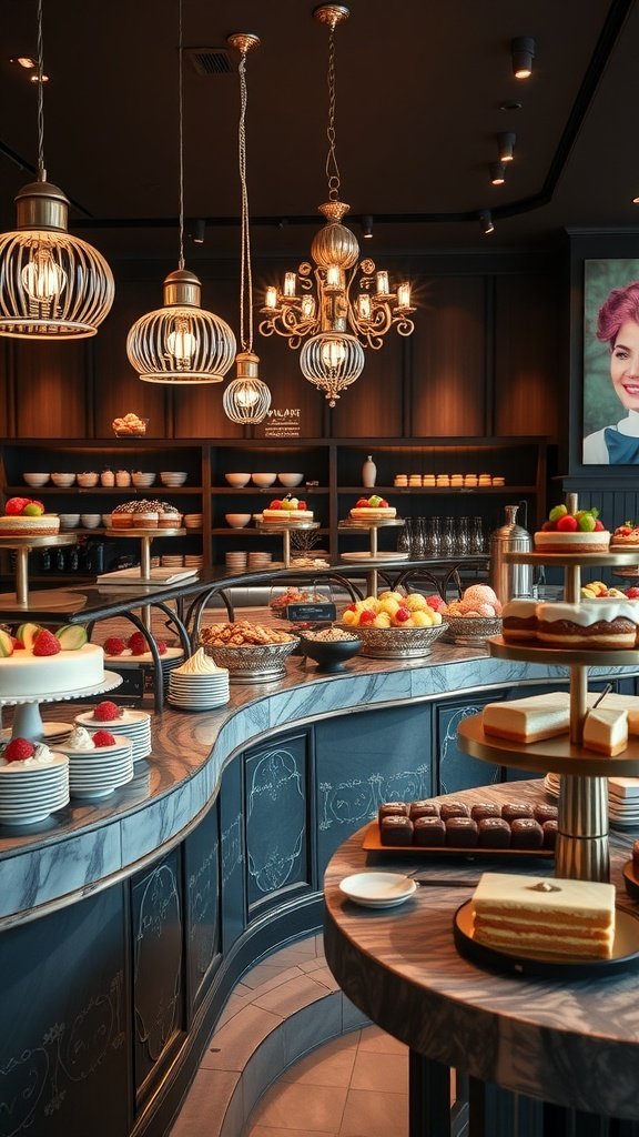35 Creative Bridal Shower Ideas for an Unforgettable Celebration An elegant dessert bar with a variety of cakes, pastries, and fruits, beautifully displayed under soft lighting.