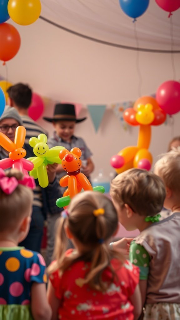 35 Creative Ideas for an Unforgettable 2nd Birthday Party Children watching a balloon artist create balloon animals at a birthday party.