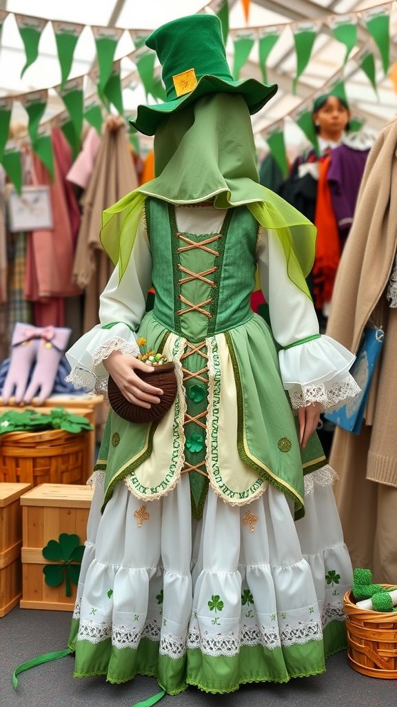25 Creative St. Patrick's Day Costume Ideas for Everyone A green fairytale costume with a long skirt and a tall hat, perfect for St. Patrick's Day celebrations.