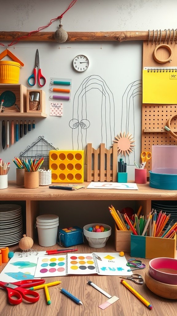 35 Creative Ideas for an Unforgettable 2nd Birthday Party A colorful DIY craft station with various art supplies like scissors, paints, markers, and paper.