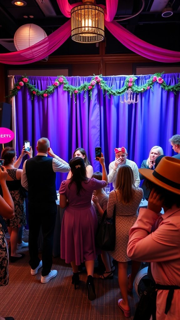 35 Creative Bridal Shower Ideas for an Unforgettable Celebration A vibrant DIY photo booth setup at a bridal shower with guests taking pictures.
