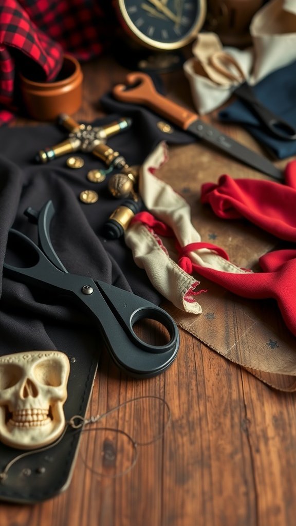 25 Must-Have Accessories for the Ultimate Pirate Costume A collection of materials and tools for making a pirate costume, including scissors, fabric, and accessories.