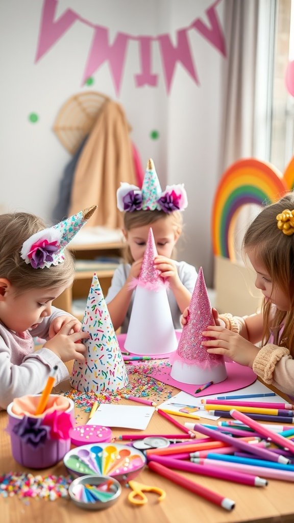 25 Magical Unicorn 2nd Birthday Party Ideas Kids making colorful DIY unicorn party hats with crafts supplies