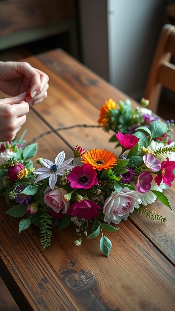 35 Stunning Wildflower Wedding Theme Ideas for Your Dream Celebration A person assembling a colorful wildflower crown on a wooden table.