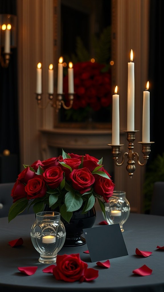 35 Stunning Romantic Wedding Table Settings for Your Special Day A dramatic wedding table setting featuring red roses, candles, and a black tablecloth.