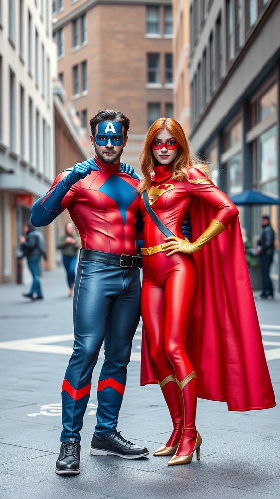 35 Best Couples Costumes for Your Next Halloween Party A couple dressed as superheroes, standing confidently in a city alleyway, showcasing their colorful costumes.