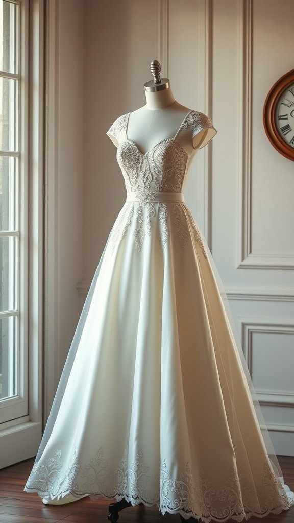 35 Breathtaking Romantic Wedding Dresses for Your Dream Day A romantic A-line wedding dress displayed on a mannequin, featuring a fitted bodice with lace details and a flowing skirt.
