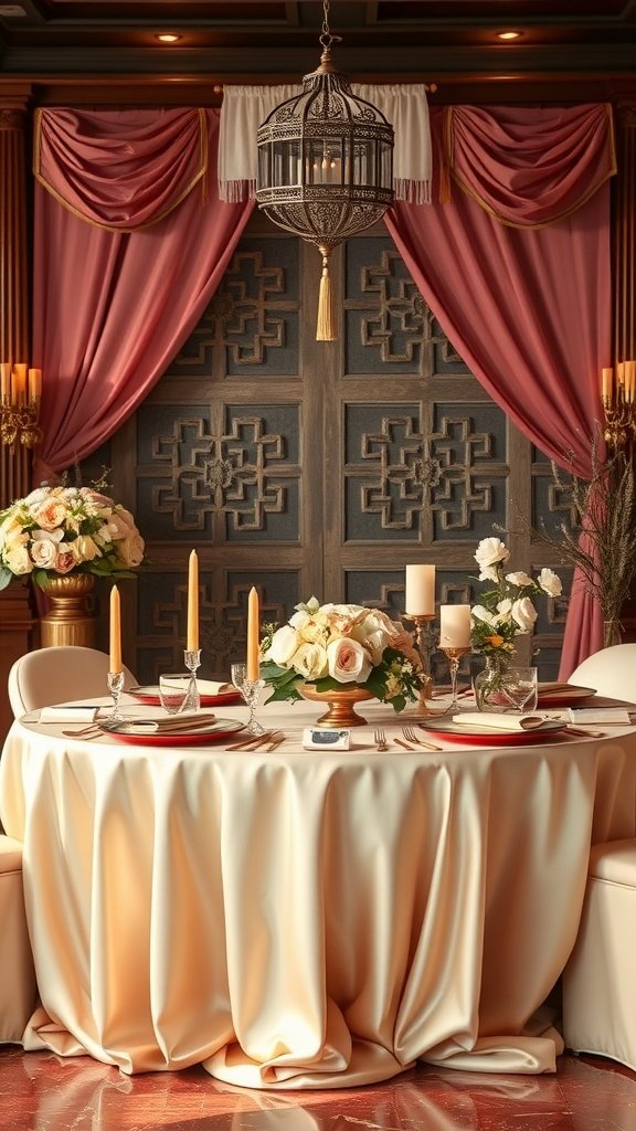 35 Stunning Romantic Wedding Table Settings for Your Special Day Romantic wedding table settings with Asian influence, featuring a round table with elegant decor, candles, and floral arrangements.