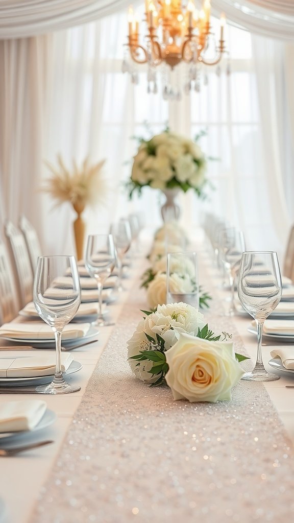 35 Stunning Romantic Wedding Table Settings for Your Special Day A romantic wedding table setting with crystal accents, featuring a long table with white flowers, elegant glassware, and a chandelier overhead.