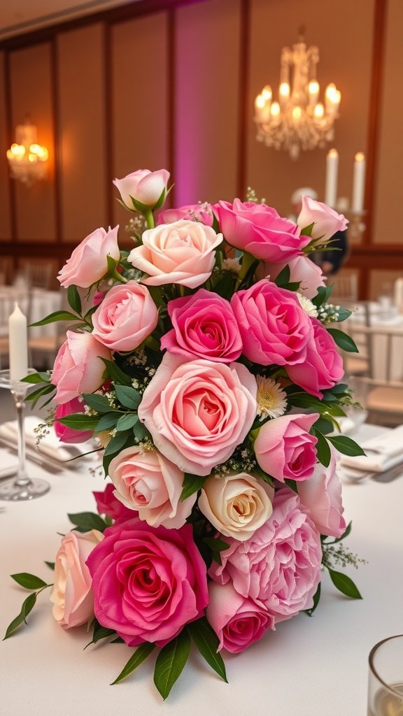 35 Creative Bridal Shower Decoration Ideas You'll Love A beautiful arrangement of pink and white roses as a centerpiece at a bridal shower.