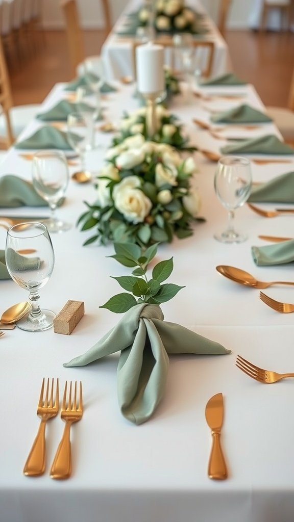 35 Stunning Ideas for a Sage Green and Gold Wedding Theme Table set for a wedding featuring sage green and gold elements with floral centerpiece