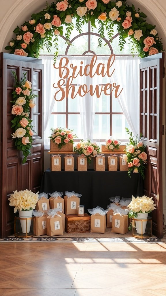 35 Creative Bridal Shower Decoration Ideas You'll Love A beautifully arranged bridal shower favor display with floral decorations and wrapped gifts.