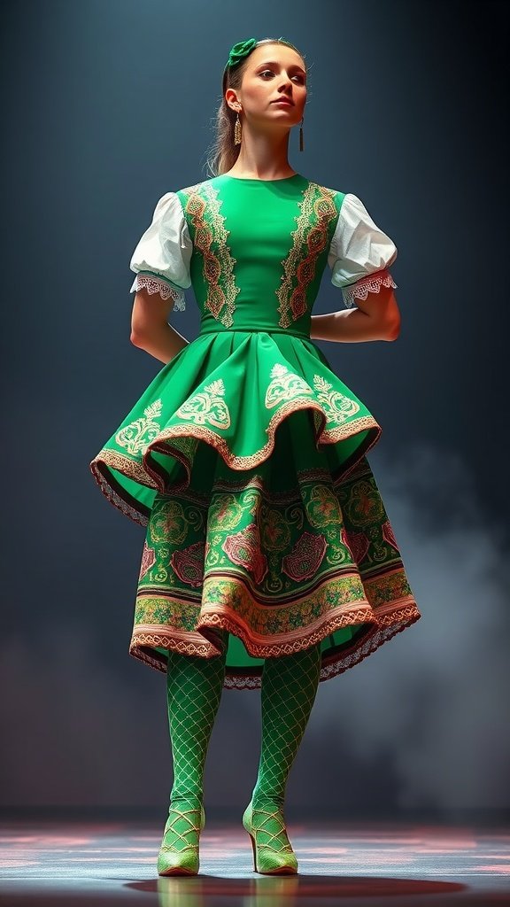 25 Creative St. Patrick's Day Costume Ideas for Everyone A young woman in elegant green Irish dance attire, showcasing a detailed dress with lace accents and matching accessories.