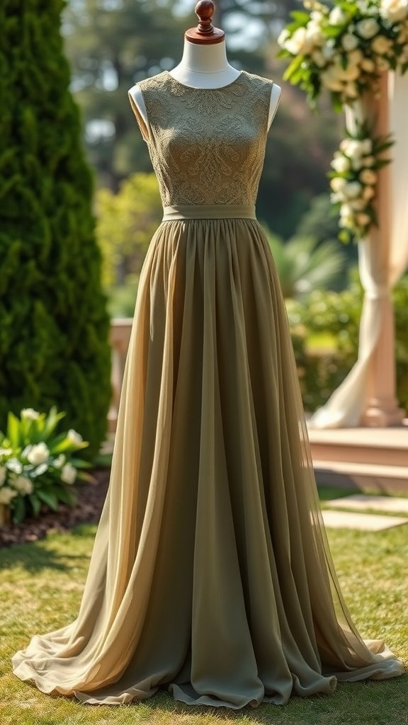 35 Stunning Olive Green Dress Outfits for Weddings Olive green dress with a lace overlay displayed on a mannequin in a garden setting.