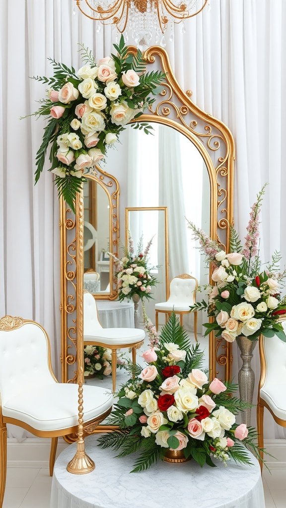 35 Stunning Romantic Wedding Decor Ideas to Inspire Your Big Day A beautifully arranged wedding decor featuring an ornate golden mirror with floral accents and elegant seating.