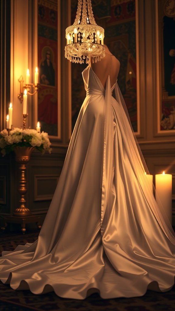 35 Breathtaking Romantic Wedding Dresses for Your Dream Day A stunning satin wedding dress illuminated by a chandelier and candles, showcasing elegance and romance.
