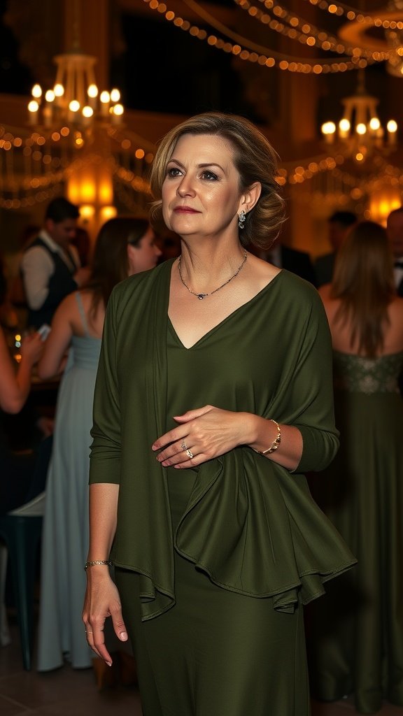 35 Stunning Olive Green Dress Outfits for Weddings A woman in an olive green dress with an elegant wrap at a nighttime wedding event.