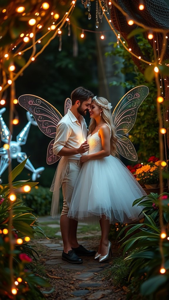 35 Best Couples Costumes for Your Next Halloween Party A couple dressed as fairies with wings, surrounded by lights and flowers.