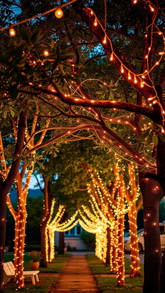 25 Fun Ideas for a 2nd Birthday Summer Party for Girls A beautiful display of fairy lights wrapped around trees, illuminating a path for a birthday party.
