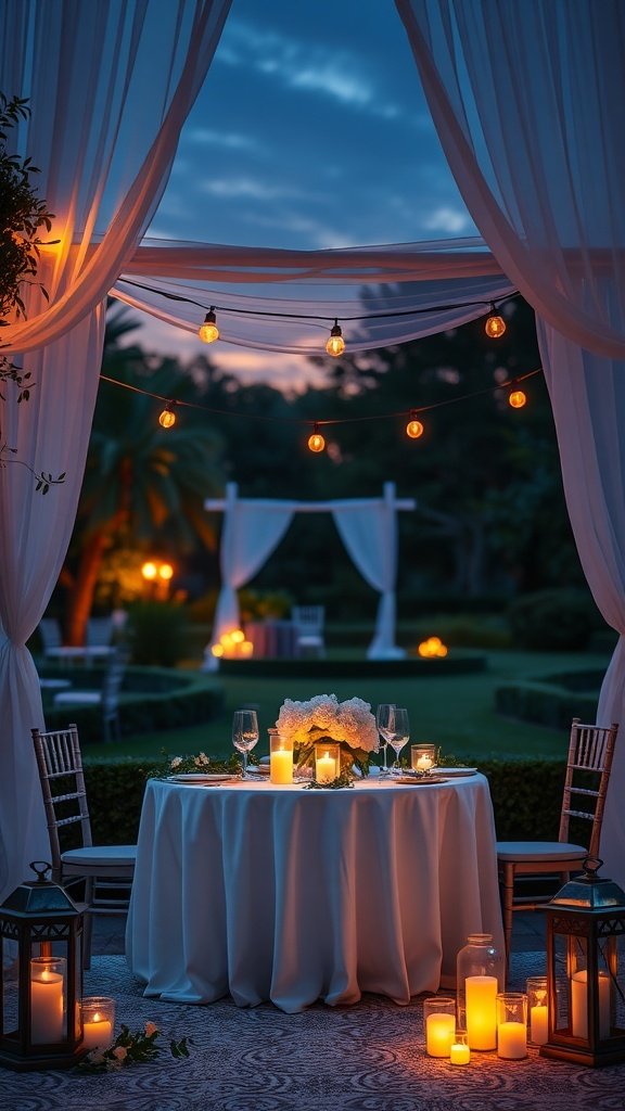 35 Stunning Romantic Wedding Table Settings for Your Special Day Romantic wedding table settings with a glowing canopy, candles, and elegant decor in a garden at twilight.