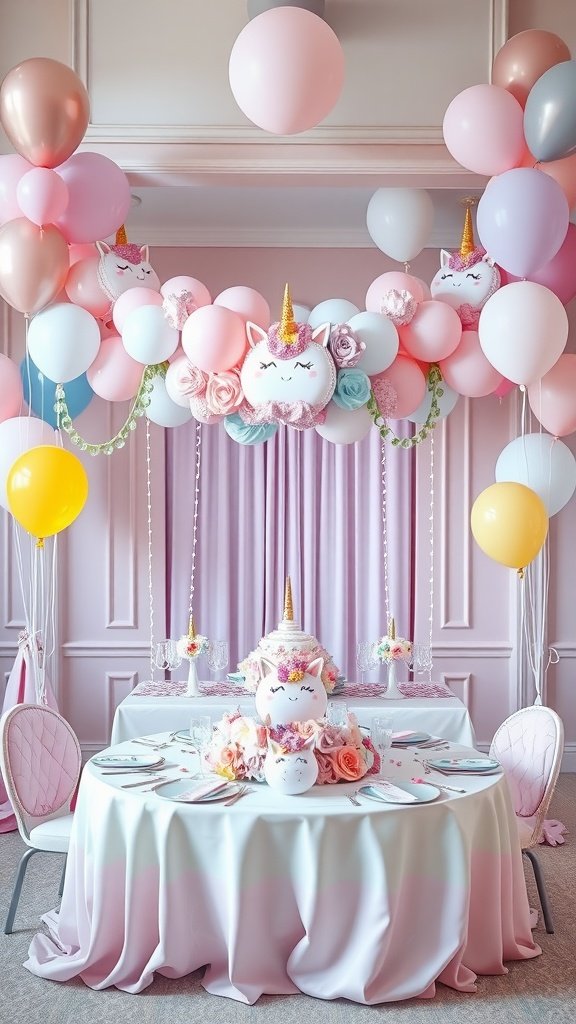 25 Magical Unicorn 2nd Birthday Party Ideas A beautifully decorated unicorn-themed birthday party with pastel balloons, a pink tablecloth, and unicorn plushies.