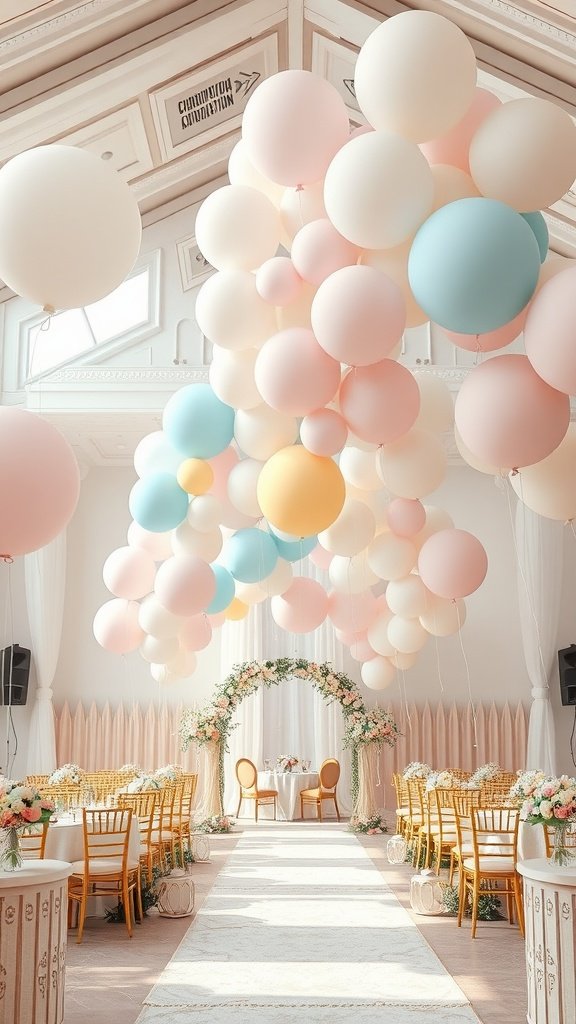 35 Stunning Romantic Wedding Decor Ideas to Inspire Your Big Day A wedding venue decorated with pastel balloons and floral arrangements, creating a romantic atmosphere.