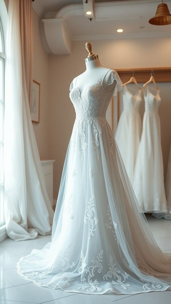 35 Breathtaking Romantic Wedding Dresses for Your Dream Day A beautiful ethereal lace and tulle wedding gown displayed on a mannequin, showcasing intricate detailing and a flowing silhouette.