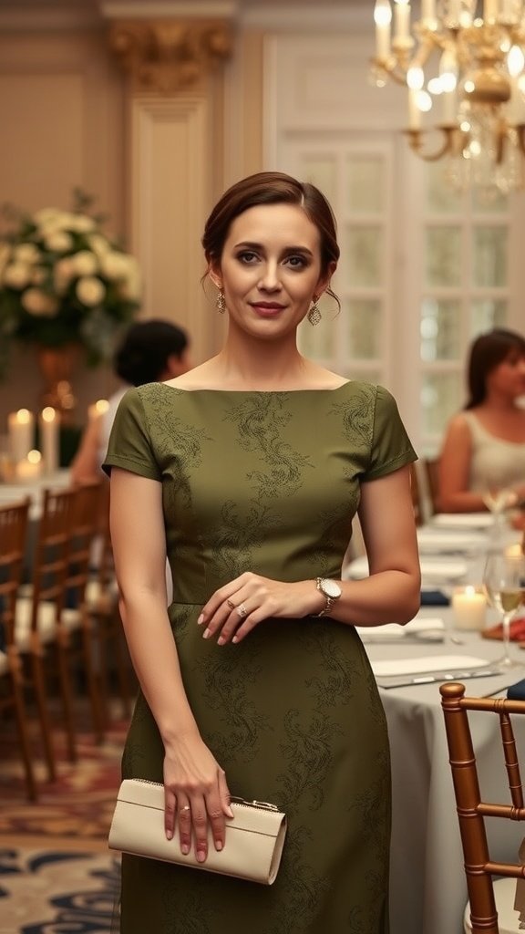 35 Stunning Olive Green Dress Outfits for Weddings A woman in an olive green dress standing elegantly at a wedding venue