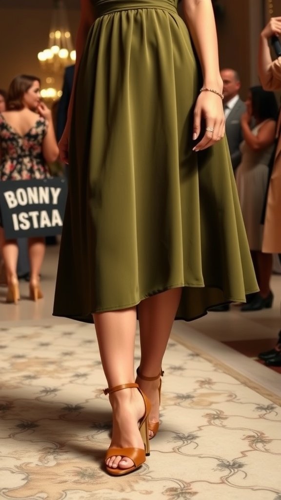 35 Stunning Olive Green Dress Outfits for Weddings A woman wearing an olive green dress with brown heels at a wedding.