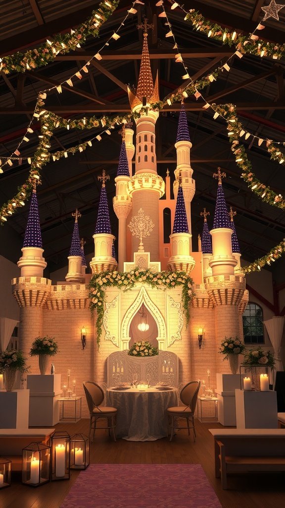 35 Creative Bridal Shower Ideas for an Unforgettable Celebration A beautifully decorated bridal shower venue with a fairy tale castle backdrop, elegant tables, and soft lighting.