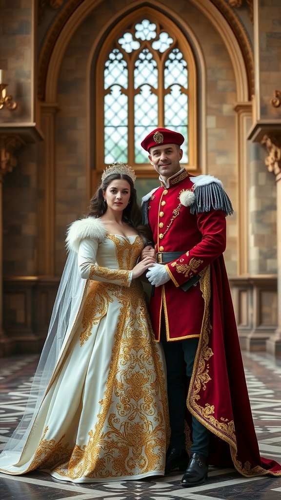 35 Best Couples Costumes for Your Next Halloween Party A couple dressed as fairy tale royalty in a regal setting with a grand castle in the background.