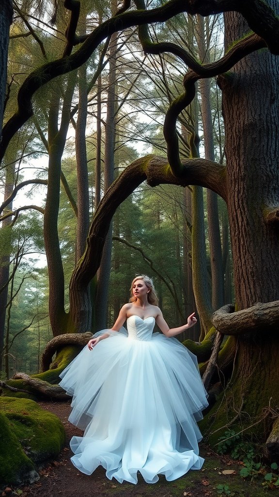 35 Breathtaking Romantic Wedding Dresses for Your Dream Day A romantic wedding dress with a tulle skirt displayed in a lush forest.