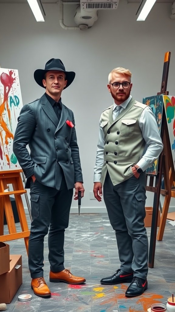 35 Best Couples Costumes for Your Next Halloween Party Two men dressed as famous artists in a colorful art studio.