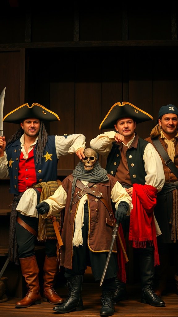 25 Must-Have Accessories for the Ultimate Pirate Costume A group of men dressed in colorful pirate costumes posing with a skeleton