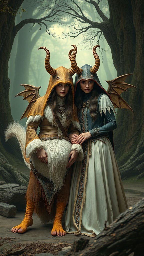 35 Best Couples Costumes for Your Next Halloween Party A couple dressed in fantasy costumes, one resembling a horned beast and the other a winged character, set in a mystical forest.