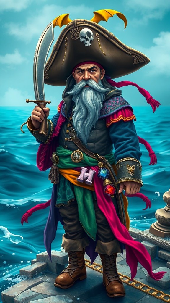 25 Must-Have Accessories for the Ultimate Pirate Costume A pirate character holding a sword, dressed in a colorful costume with a detailed hat and boots, standing by the water.