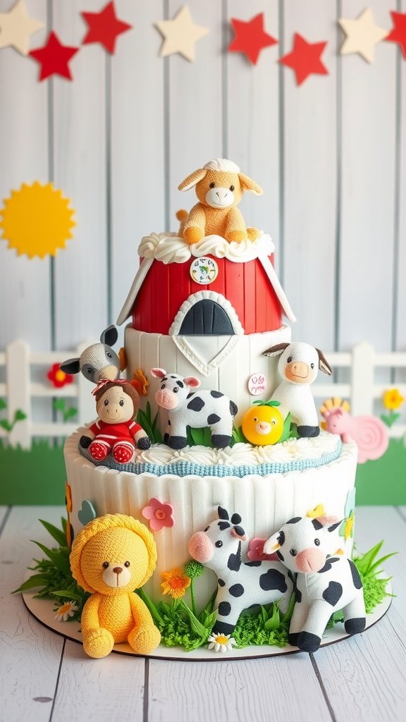 35 Adorable Diaper Cake Ideas for Baby Boys A Farmyard Friends Diaper Cake with plush animals and vibrant decorations, designed for a baby boy.