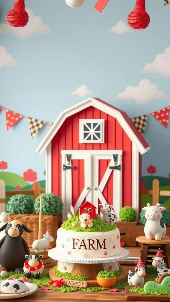 35 Creative 2nd Birthday Party Ideas for Girls A festive farmyard themed birthday setup with a cake and farm animal decorations.